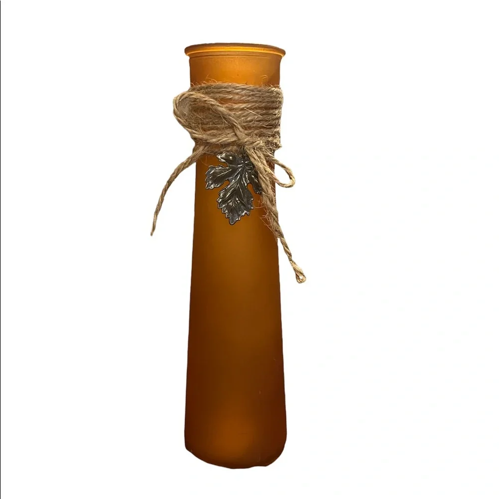 Frosted Vase (orange) with twine and hanging metal leaf